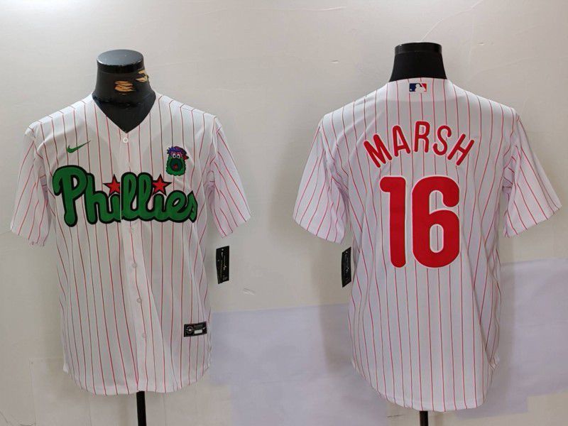 Men Philadelphia Phillies 16 Marsh White stripe Second generation Joint Name 2024 Nike MLB Jersey style 1